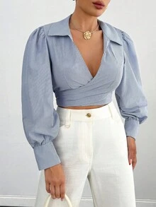 EURMUSE Striped Print Lantern Sleeve Crop Blouse - Blue - View 4