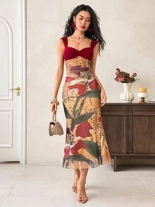 EastFlair Women's Elegant Floral Print Sweetheart Neck Ruched Bust Fishtail Hem Dress, Vacation Style