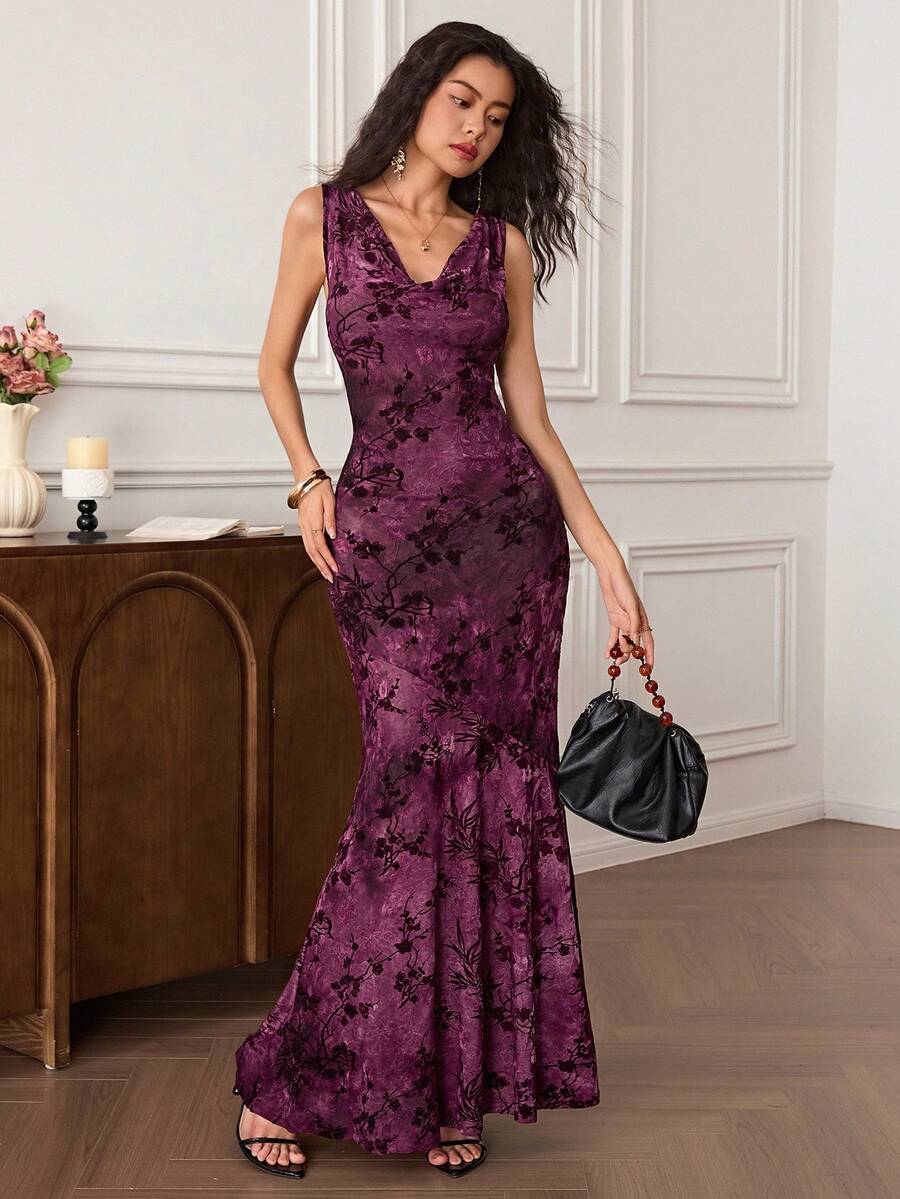 EastFlair Women's Elegant Plunging Neck Backless Dress