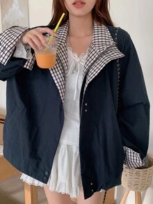 DAZY Women's Plaid Patchwork 2 In 1 Loose Fit Long Sleeve Jacket Coat - Navy Blue - View 2