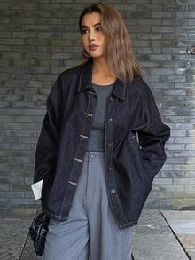 DAZY 女式翻领宽松撞色条纹袖口都市休闲牛仔夹克和外套 - 深色水洗藍 - 查看 3