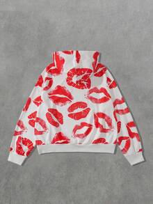 ROMWE MEN Street Life Men's Lip Print Hoodie, Loose Fit, For Fall - White - View 2