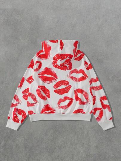 Street Life Men's Lip Print Hoodie, Loose Fit, For Fall