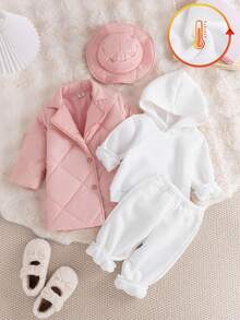 SHEIN 3pcs Infant Girl Winter Fashion Set: Pink Long Sleeve Padded Coat & Hat, White Velvet Hoodie Sweatshirt And Pants, Suitable For Daily Wear And Photography