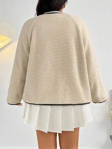 Firerie Veste décontractée rétro pour le retour à l'école, à manches longues, à double boutonnage,  avec boutons métalliques, doublée de sherpa, col en V, coupe ample, avec passepoil contrastant, pour femmes grandes tailles, pour l'automne/l'hiver