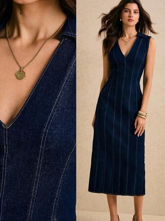 Poéselle Women's Denim Dress Lapel Tight Long Dress Royal Blue Denim Dress Fall Women Clothes Hoco Dressses Date Night Outfits Women Going Out Dress Wedding Dress Guest Y2k Dress Y2k Gothic Dress Old Money Dress Fall Fashion