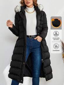 RueChic Fuzzy Trim Hooded Zipper Front Puffer Coat