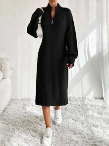 EURMUSE Women Knit Sweater Dress With Zipper Detail - Hitam - View 4