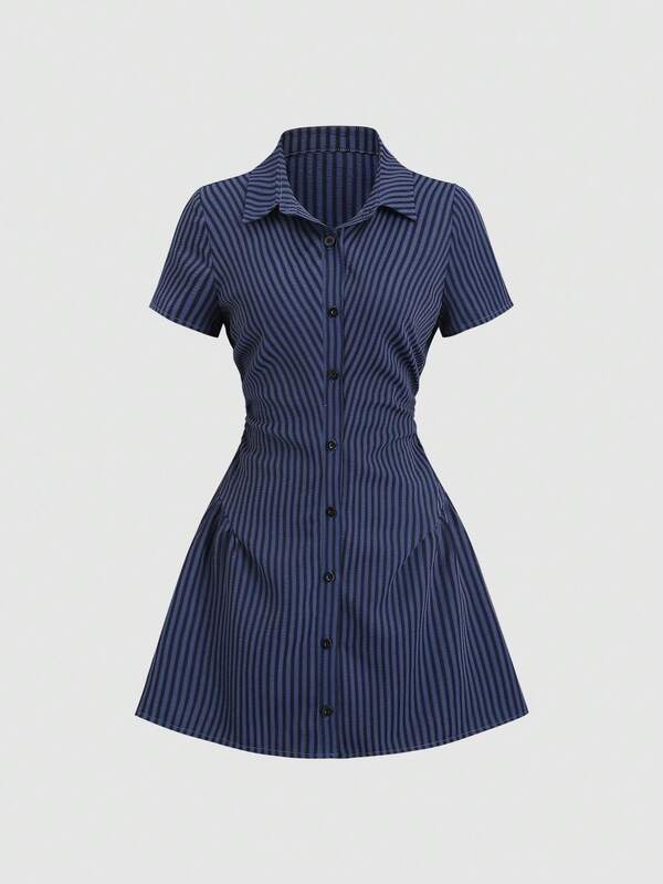 Sweetra Sweet & Fresh Pink Short Sleeve Shirt Dress, Waist Cinched Slimming Stylish Blouse Dress For Summer