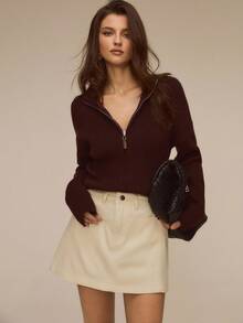 ATUI Studio 2025AW 女式针织毛衣，立领拉链针织上衣，现代通勤针织毛衣，秋冬时尚简约针织衫 - 咖啡棕 - 查看 1