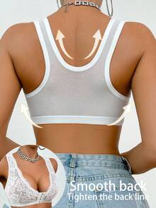 1pc Lace Contrast Mesh Front Closure Wireless Bra For Women - White - View 2