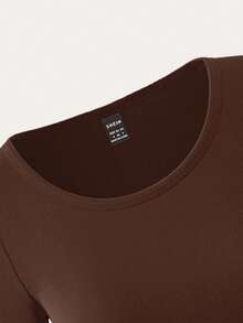 SHEIN PETITE 女士休闲纯色圆领紧身基本款长袖 T 恤，适合夏季、秋季和冬季 - 巧克力棕 - 查看 6