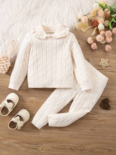 SHEIN Baby Girl Solid Color Long Sleeve Cable Ruffled Collar Fashionable Knit Pullover Sweater Set In Fall/Winter