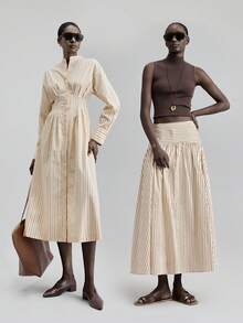 Ontre 2026春夏新款条纹A字裙，简约时尚通勤休闲女装，春夏款 - 杏色 - 查看 3