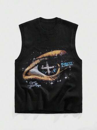 Street Life Maglione da uomo senza maniche, con motivo creativo ad occhio, collo rotondo, lavorato a maglia, adatto per l'autunno e l'inverno