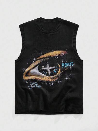 Street Life Ärmellose modische kreative Augen-Muster Rundhals Strickpullover für Herbst und Winter