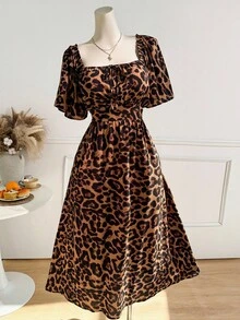 SHEIN EZwear Plus Size Dresses Casual Street Style Halloween Gothic Leopard Print Dress,Cheetah Print Dress - Multicolor - View 6