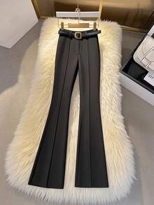 SHEIN Franclia Damen einfarbige Hose mit hoher Taille, Zahnstochenstreifen-Design, weiter Schnitt für Lässig/Büro - Schwarz - Übersicht 1