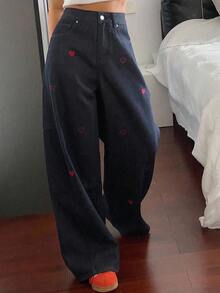 DAZY Pantalones vaqueros holgados de mujer de estilo occidental con bolsillo y bordado de corazón, para el verano - Azul - Ver 4