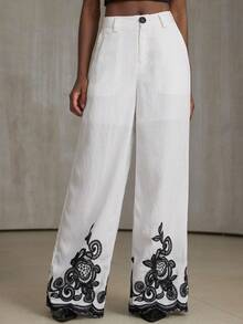 Aveloria Modichic New Ink Painting Style Pants, White Base With Black Embroidered Wavy Hem, Comfortable For Tea Parties, Bazaars, And Everyday Wear - Black and White - View 4
