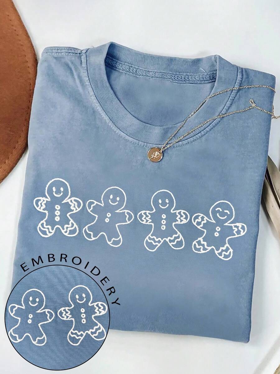 INAWLY 女士 T 恤/可爱姜饼和圣诞饼干印花/刺绣/圣诞节/圣诞派对 T 恤/圣诞衬衫/时尚女士 T 恤，休闲宽松圆领上衣/春夏 - 藍色 - 查看 1