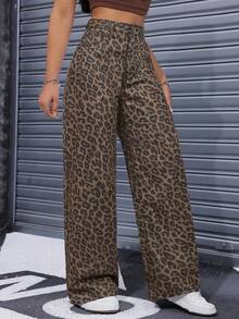 SHEIN PETITE 女士时尚复古豹纹阔腿牛仔裤 - 彩色 - 查看 5