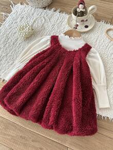 LMoss Kids 2pcs Baby Girl Knitted Solid Color Ruffle Collar T-Shirt And Fluffy Round Neck Sleeveless Dress Set