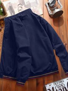 Manfinity Homme 男士条纹饰边拉链休闲长袖夹克，秋季户外防风外套 - 藏蓝色 - 查看 2