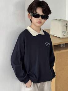 DAZY 秋季青少年男孩休闲撞色领长袖T恤 - 藏蓝色 - 查看 3