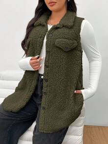 Solflare Military Green Fluffy Plus Size Women Sleeveless Single-Breasted Casual Jacket/ Winter - Army Green - View 5