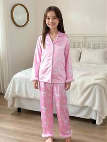 Girls Casual 2 Pieces Set, Featuring Cartoon Bow Pattern, Fluffy Cuff Long Sleeve Top And Long Pants, Pink, Comfortable Loungewear Fall Winter - Pink - View 7
