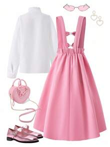 Teenage Girls' Elegant Light Pink Shirt Dress Set,Back-To-School Autumn Party Outfit,Cute Collared Shirt,Pleated Chest & Bowknot Waist Casual Dress - Pink - View 2