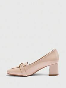 CUCCOO BIZCHIC Apricot Metallic Buckle Thick Heel Square Toe Women's High Heels, Suitable For Commuting, Dating, Party, Holiday, Office Wear - Apricot - View 9