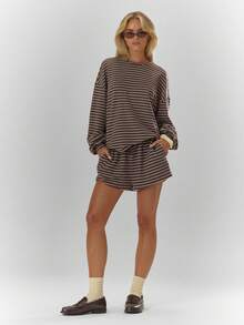 MUSERA Elasticated Waist Tie Front Relaxed Fit Soft Striped Shorts Only Fall Autumn Cosy Cute Casual Coffee Club Winter Christmas Elegant