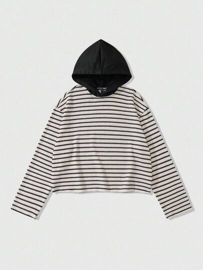 Street Life Men Casual Dropped Shoulder Striped Loose Hoodie, Fall