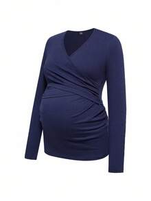 Modmama 2 件孕妇休闲裹身哺乳 T 恤套装，秋季 - 藍色 - 查看 6