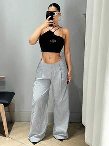 SHEIN ICON Nữ Y2k Eo Thấp Kiểu dáng rộng Quần ống rộng Chiều dài sàn Quần sọc dọc màu xám - Xám - Xem 6