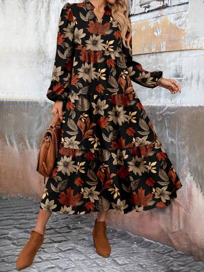 EMERY ROSE Women's Casual Maple Leaf Print Long Sleeve Mid-Length Dress, Suitable For Autumn/Winter Boho Dress Women Flower Print Dress Autumn Dress Fall Clothes For Women