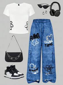 Explorewe 2 件套青少年女孩舒适运动镂空花卉印花短袖上衣和休闲裤套装，夏季、街头服饰、演唱会服装 - 白色 - 查看 5