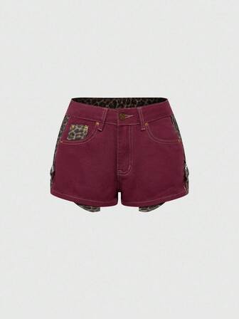 Grunge Punk Short en jean court, taille basse, style casual avec imprimé léopard et patchwork pour femmes
