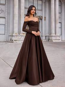 Aureia Đầm maxi satin xếp ly tay ngắn, trễ vai, xuyên thấu, viền ren, màu đen sang trọng, thanh lịch, phù hợp cho đám cưới, tiệc tùng, kỳ nghỉ, dạ hội, hẹn hò, các dịp trang trọng (chất liệu dày dặn), thích hợp cho ngày Valentine. - Cà phê nâu - Xem 4