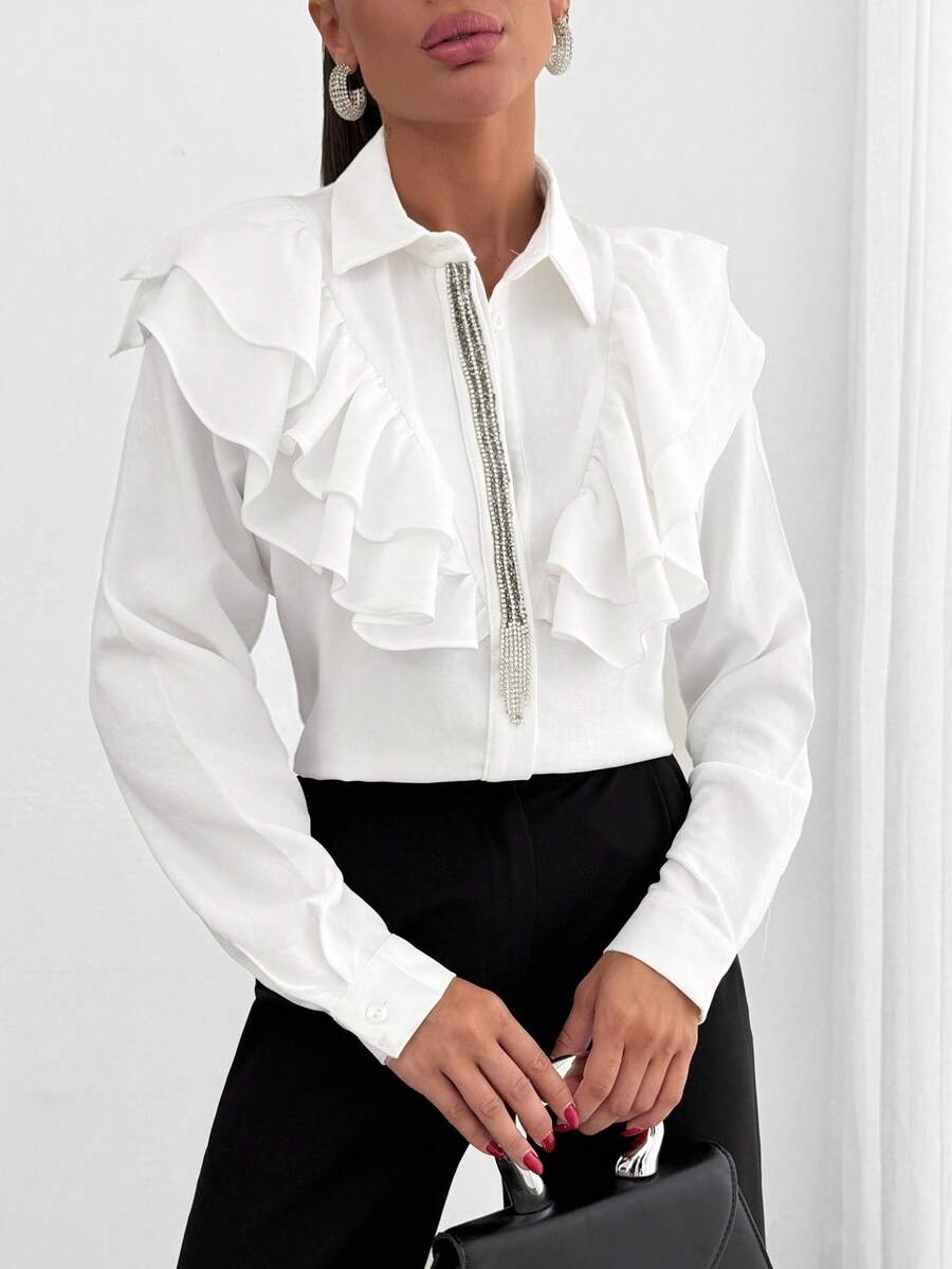 EURMUSE Damen Weißes Rüschenhemd - Regular Fit mit Kristallverzierungen und auffälligem Kragen, Damen Highwaist Hose mit Kreuzüberschlag, plissiert, weites Bein - Vizon Beige, Überlappender Verschluss, Loose Fit - Weiss - Übersicht 1