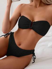 Swim Basics Women Summer Beach Fashion Solid Ruched Bandeau Bikini Set - Black - View 1