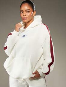 MISSGUIDED Monogram Oversized Hoodie With Side Stripe Detail French Terry Sweatshirt Premium Athletic Leisure Wear Drawstring Hood Fall Winter Casual Loungewear - Beige - View 6