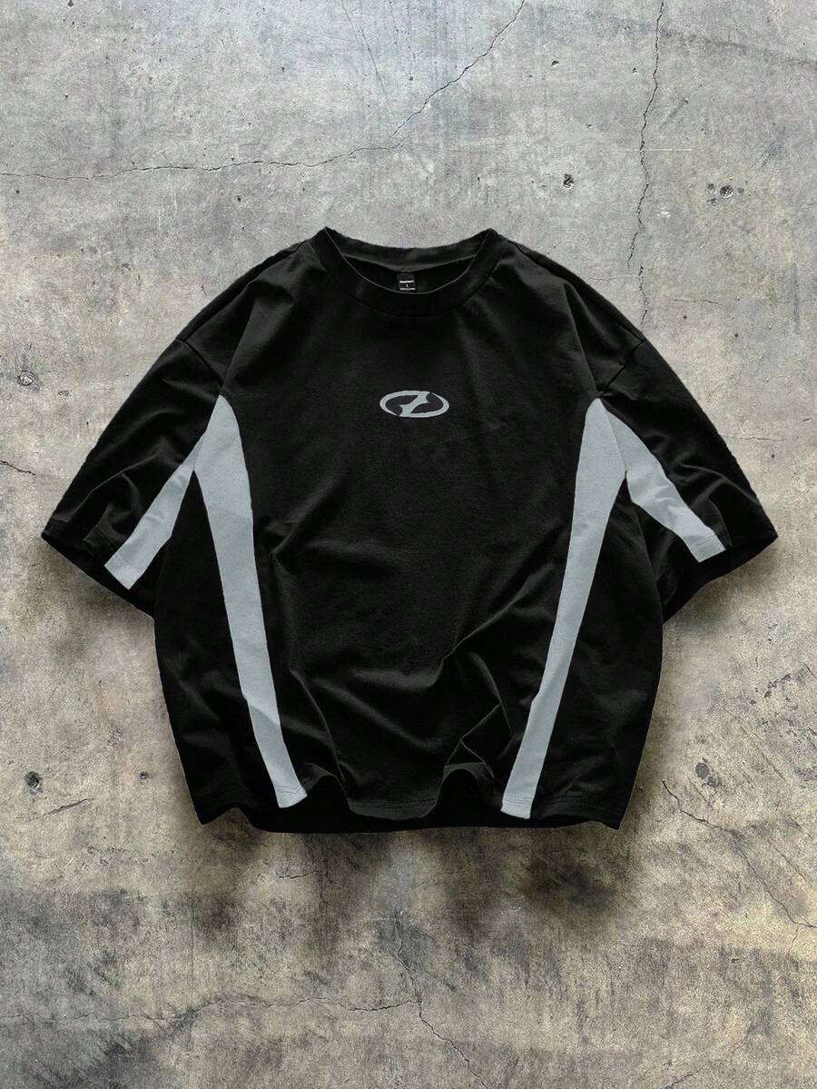 AXEPEAK Men's Knitted Casual Daily Loose Short Sleeve Patchwork T-Shirt