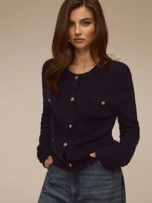 ATUI Studio Women's Vintage Round Neck Long Sleeve Knitted Cardigan, Fashion, Simple, Versatile, Casual Style Loose Knit Sweater For Autumn