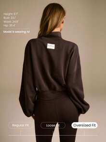 GLOWMODE Modal Soft Warm Curved Bubble Hem Waist Length Oversized Ribbed Cuffs High Neck Pullover Sweatshirt Daily - Chocolate Brown - View 3