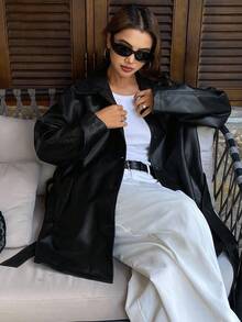 DAZY 女士宽松翻领系带常规休闲PU皮夹克，街头风秋冬女装外套