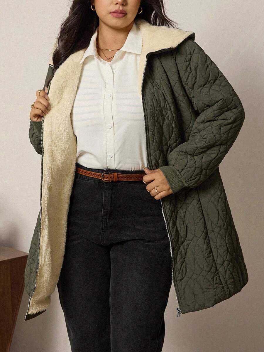 Zelara 大码女式长袖拉链前开休闲宽松长款连帽冬装外套，女士秋冬外套，时尚女式外套，女士冬装外套，时尚女式外套，秋冬拉链连帽女式外套，乡村风外出上衣，冬季外出上衣 - 軍綠色 - 查看 1