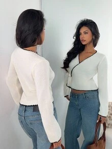 SHEIN EZwear 女士撞色饰边裹身领带长袖毛衣，秋冬新品